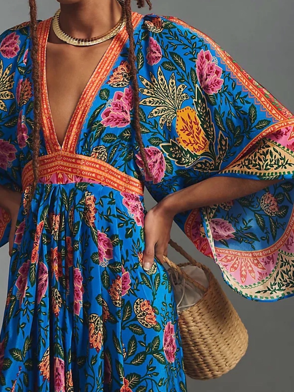 FARM Rio Blue Maxi Dress with Pink & Orange Floral Print - Picture 4 of 5